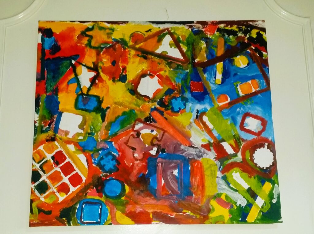 This technique is called Negative Frottage. The children start with placing objects or materials with interesting shapes or forms on the canvas. Paint or drawing material is applied to the canvas/paper surface around and in between the objects. The objects are removed, leaving their contoured imprint behind as empty spaces with defined edges. The children then uses these negative space shapes as part of the imagery or composition.
